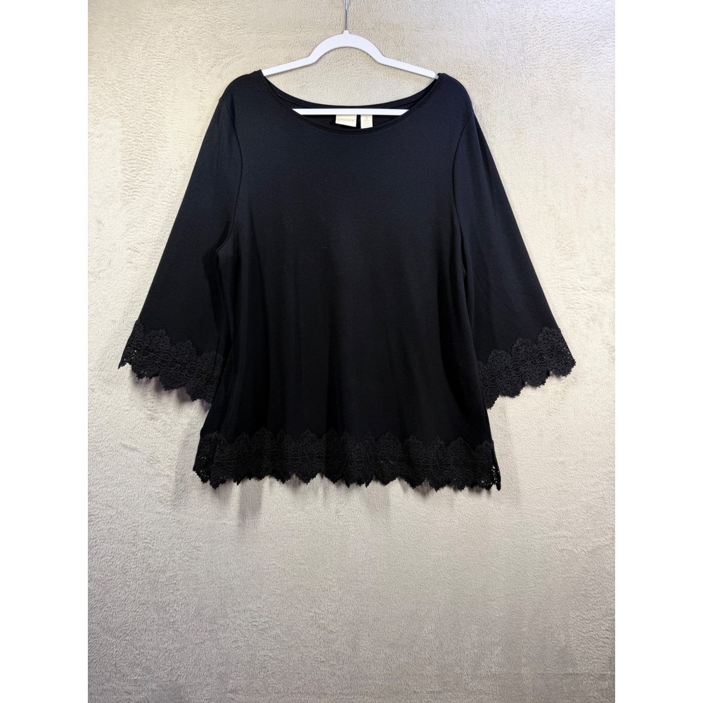 Chico's Lace Trim Top Women XL 3 Petite Black Crochet Hem 3/4 Sleeve Knit Blouse